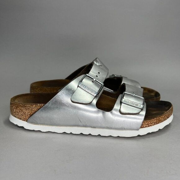 Birkenstock Women's Size 5 Arizona Silver Birko-Flor Sandals - Picture 1 of 16